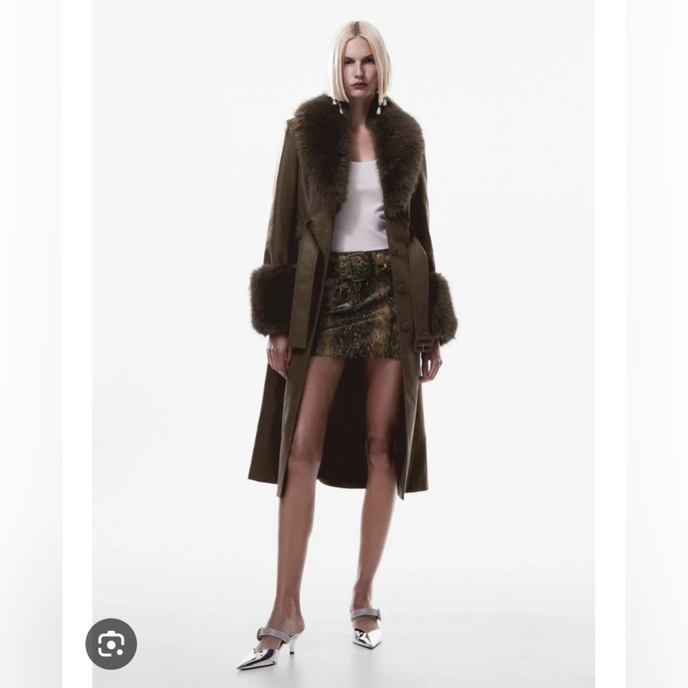 Mango Brown Fur-Trimmed Trench Coat